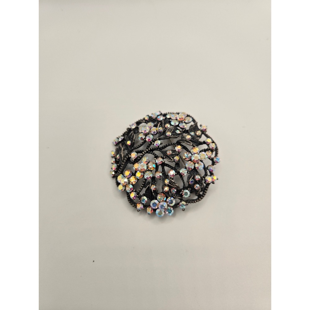 Vintage Floral AB Rhinestone Brooch Pendant Gunmetal Iridescent Flower Pin - Picture 1 of 3